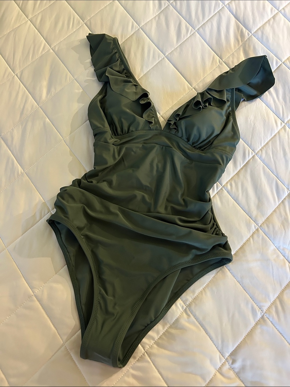 Ruffled Olive Green One-Piece Swimsuit for Women NWOT - Picture 2 of 6